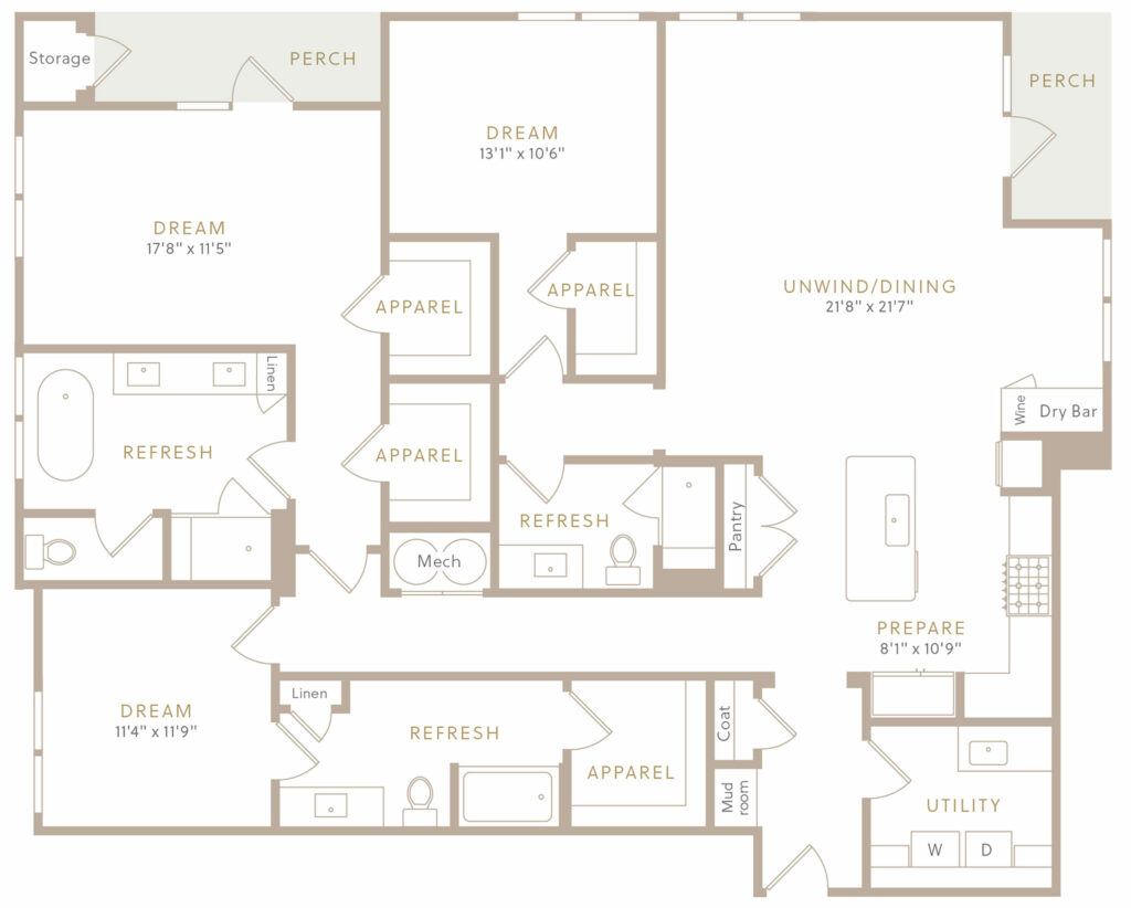 Penthouse Haven in Dallas - PH4 Three-Bed-Three Bath Luxury Apartment Floor Plan